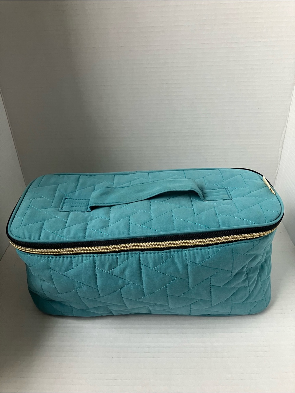 Quilted Teal Cosmetic Travel Case with Gold Zipper Compartments Brush Organizer